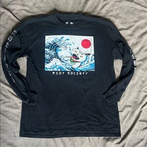 Black Long Sleeve Graphic Tee with Wave and Cat Design
